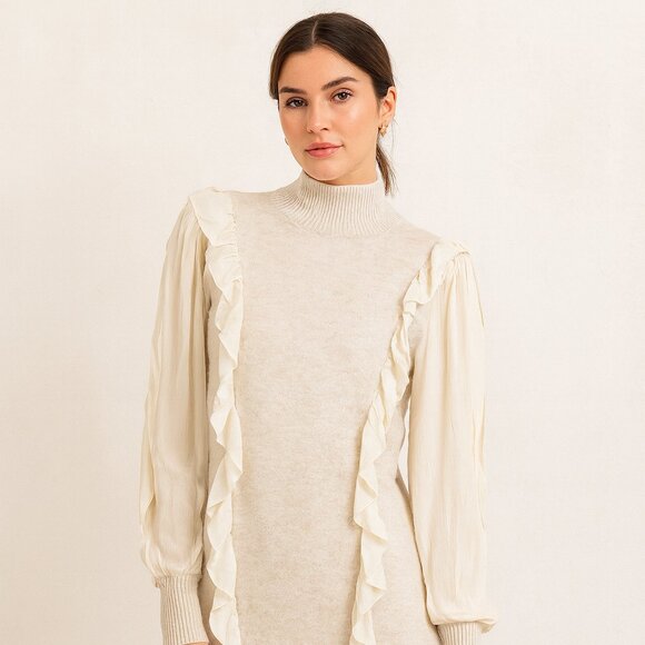 FIGARO Beige Sweater Long Sleeve Ruffle Knit Mini Dress  Quiet Luxury Size 2 - Picture 2 of 13